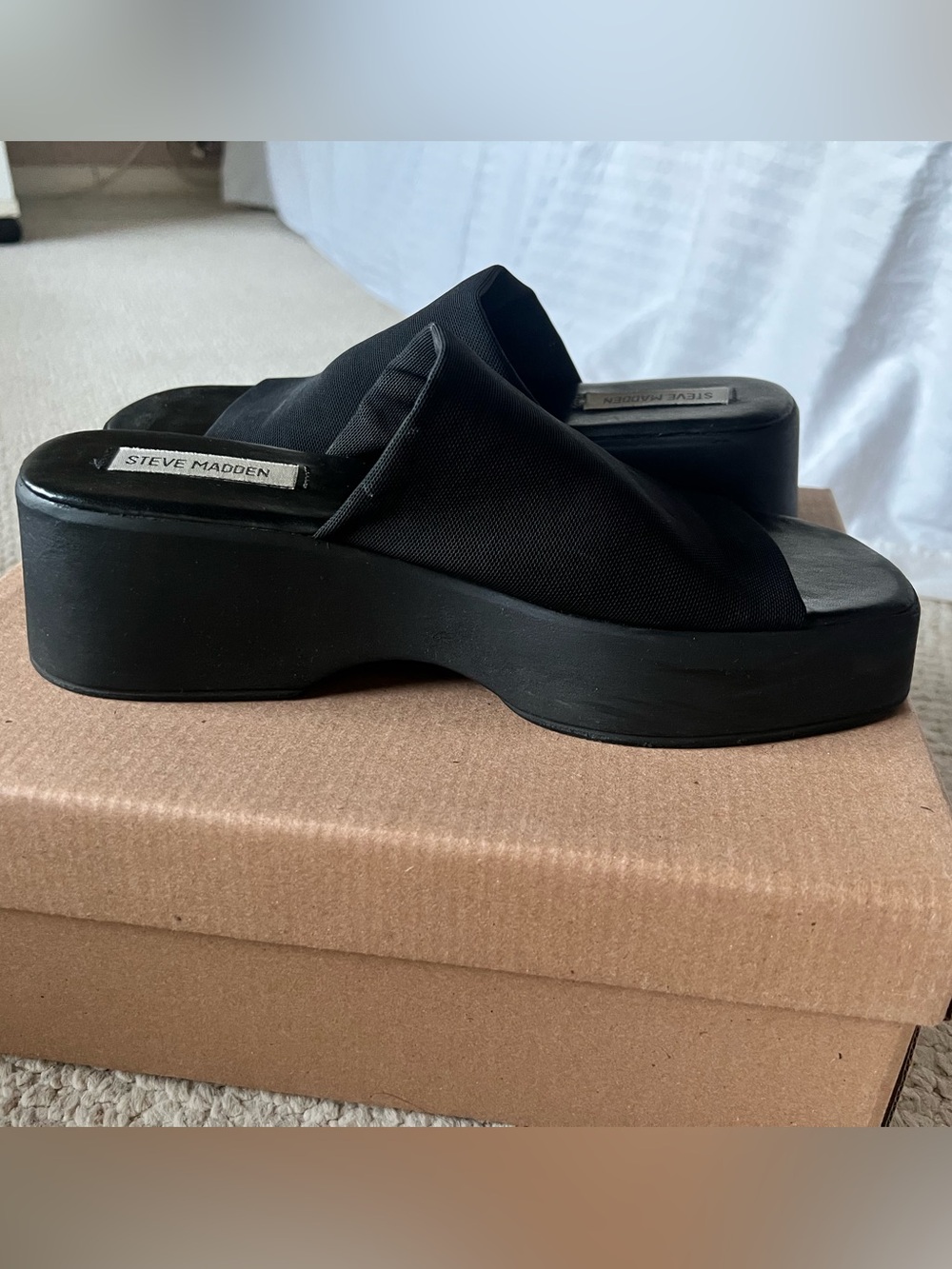 Steve Madden Black Crossover Platform Slide Sandals
